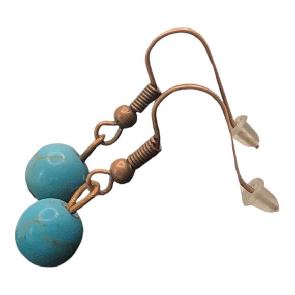 Retro Single Turquoise Bead Rose Gold Leather Lightweight Dangle Earrings - Picture 6 of 9